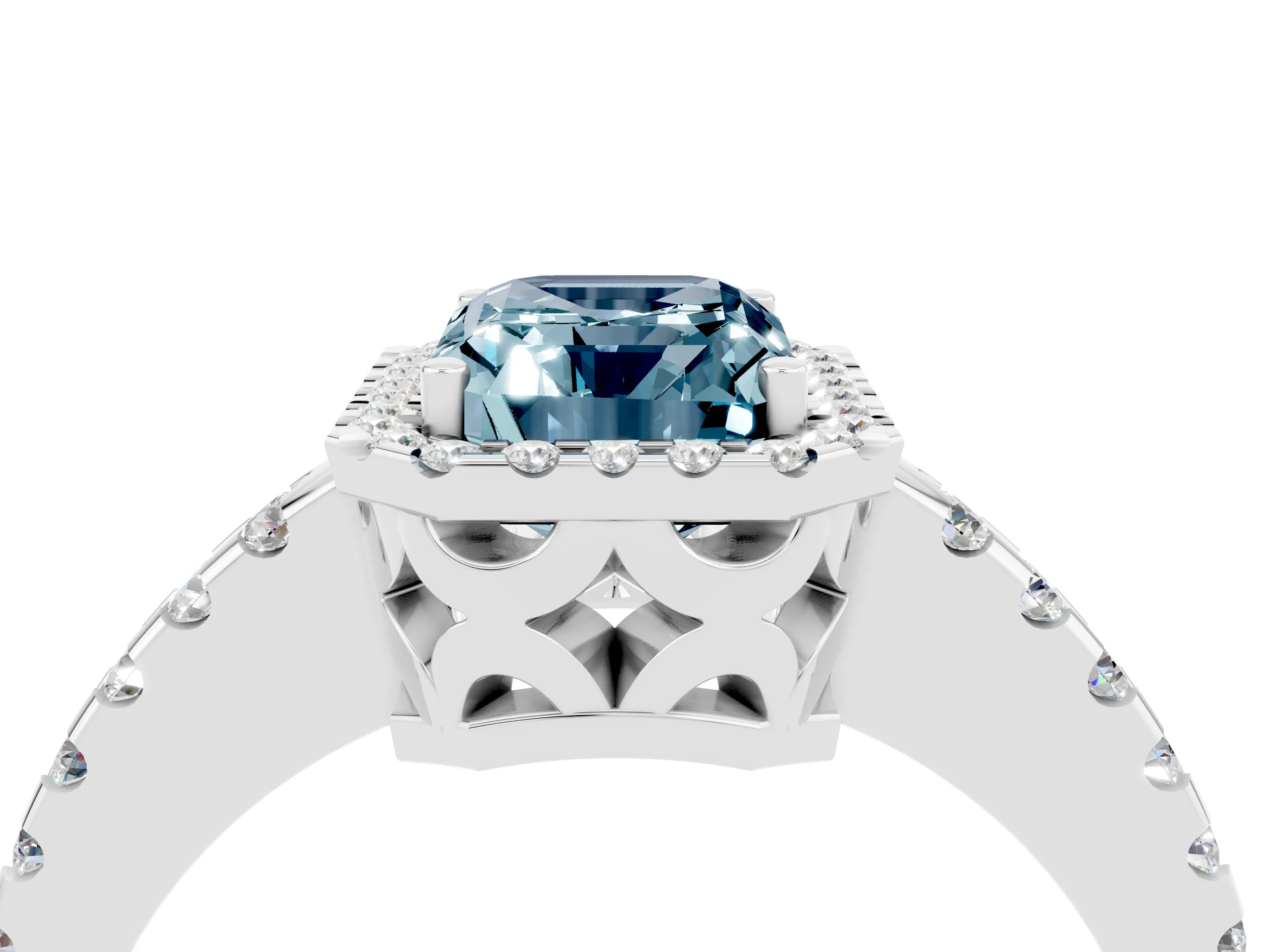 White gold Emerald Cut Aquamarine Halo Engagement Ring with Pavé Band and Prong Setting_16