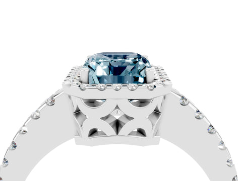 White gold Emerald Cut Aquamarine Halo Engagement Ring with Pavé Band and Prong Setting_16