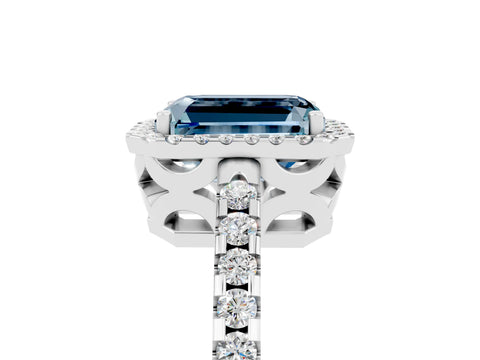 White gold Emerald Cut Aquamarine Halo Engagement Ring with Pavé Band and Prong Setting_17