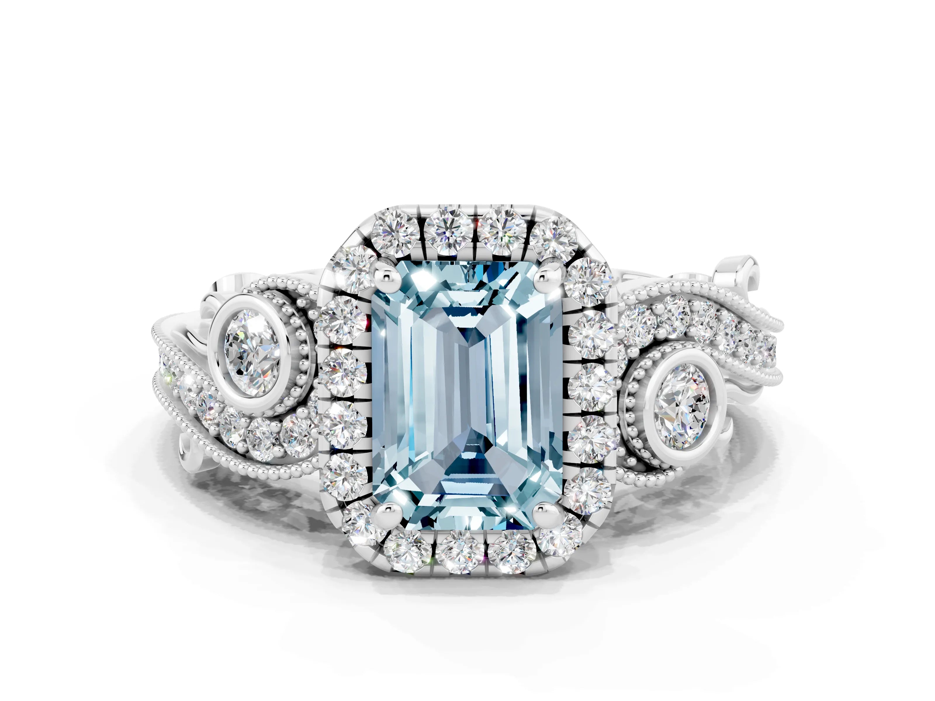 White gold Emerald Cut Aquamarine Halo Ring with Milgrain Pavé Band and Four-Prong Setting_12