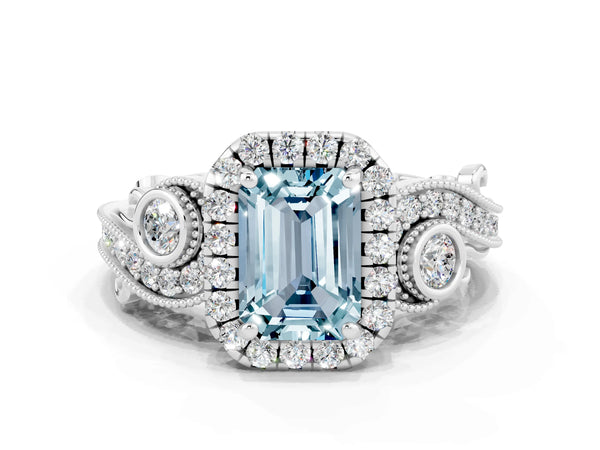 White gold Emerald Cut Aquamarine Halo Ring with Milgrain Pavé Band and Four-Prong Setting