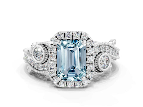 White gold Emerald Cut Aquamarine Halo Ring with Milgrain Pavé Band and Four-Prong Setting_12