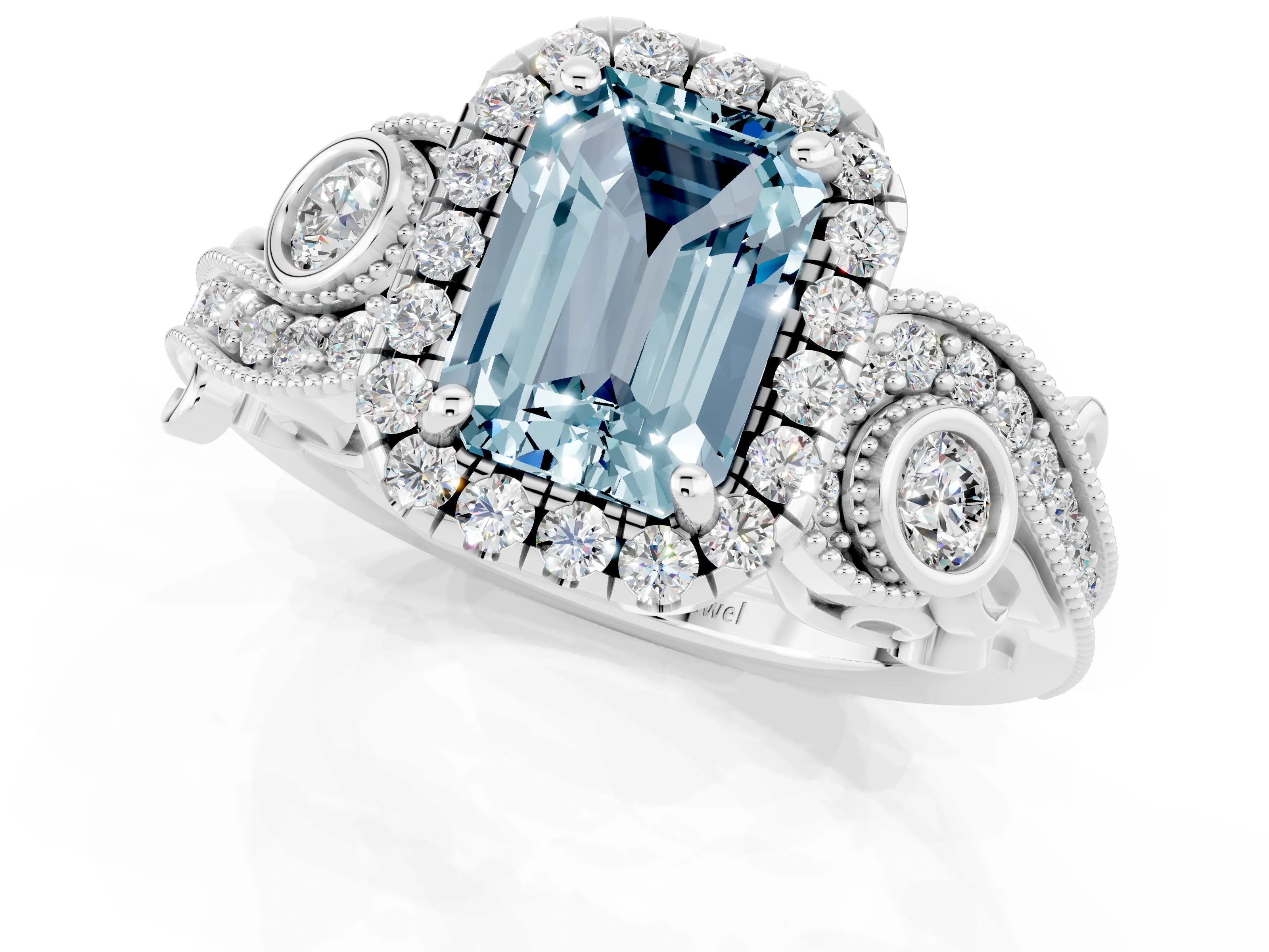 White gold Emerald Cut Aquamarine Halo Ring with Milgrain Pavé Band and Four-Prong Setting_13