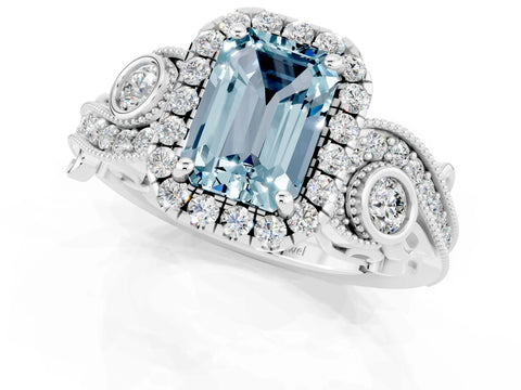 White gold Emerald Cut Aquamarine Halo Ring with Milgrain Pavé Band and Four-Prong Setting_13
