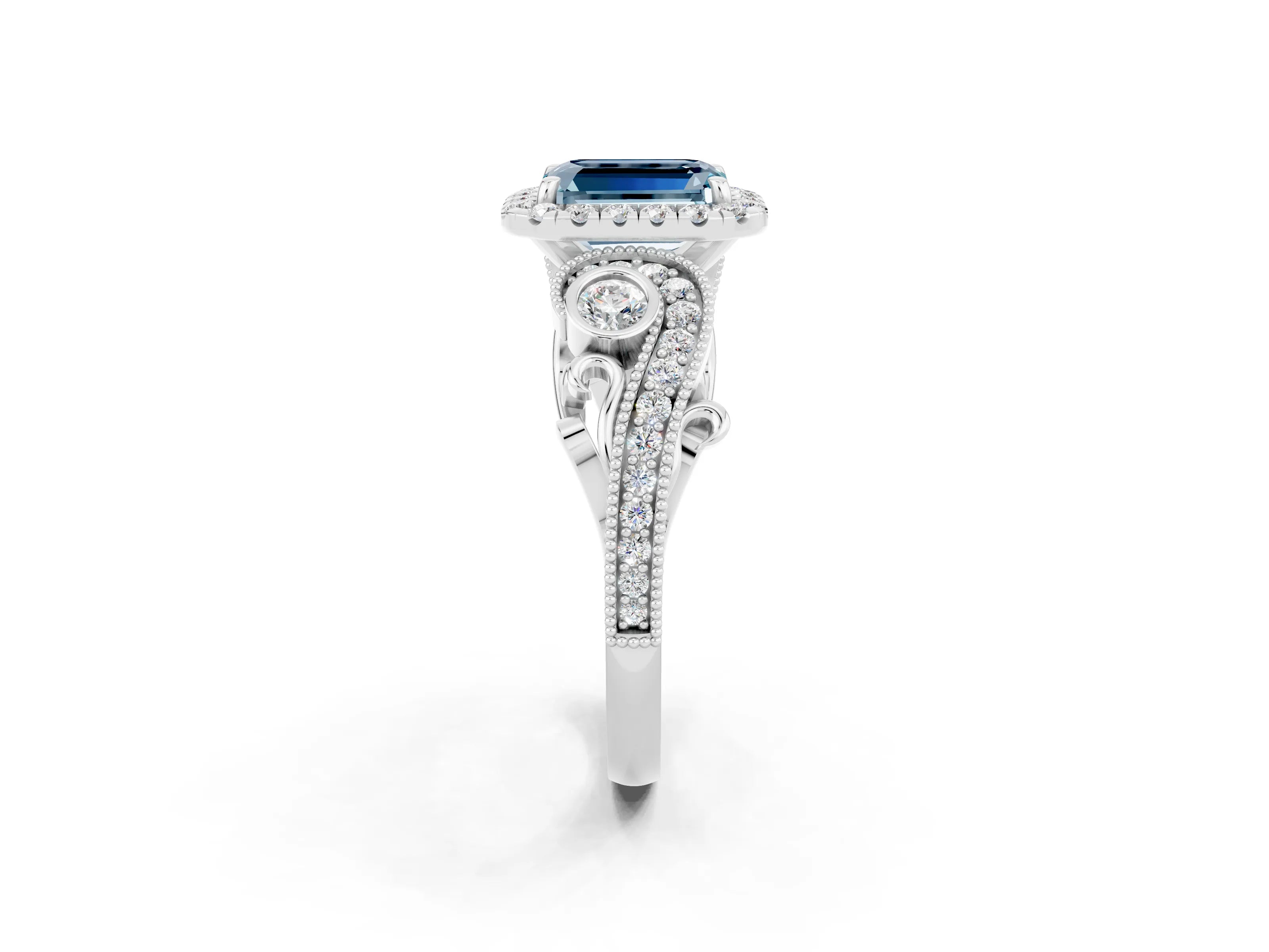 White gold Emerald Cut Aquamarine Halo Ring with Milgrain Pavé Band and Four-Prong Setting_14