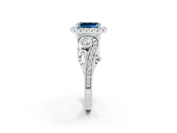 Platinum Emerald Cut Aquamarine Halo Ring with Milgrain Pavé Band and Four-Prong Setting