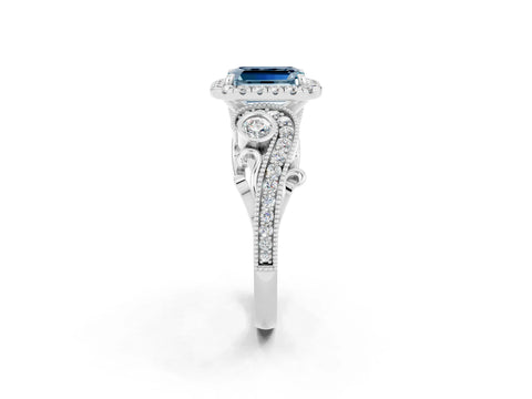White gold Emerald Cut Aquamarine Halo Ring with Milgrain Pavé Band and Four-Prong Setting_14