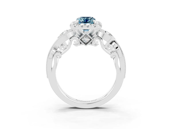Platinum Emerald Cut Aquamarine Halo Ring with Milgrain Pavé Band and Four-Prong Setting