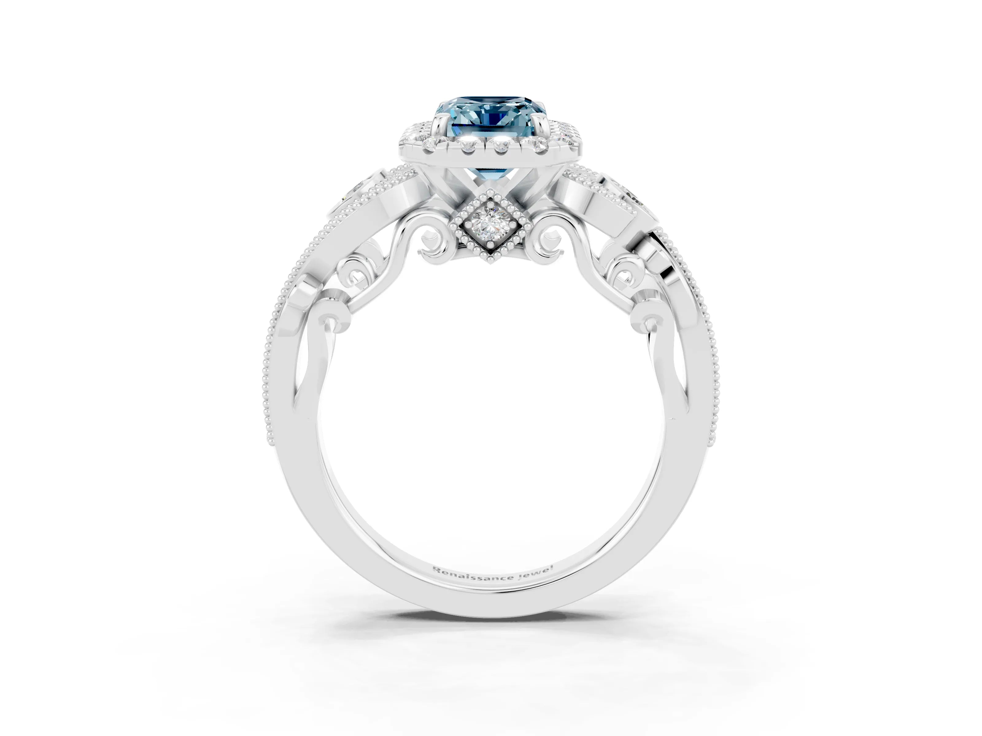 White gold Emerald Cut Aquamarine Halo Ring with Milgrain Pavé Band and Four-Prong Setting_15