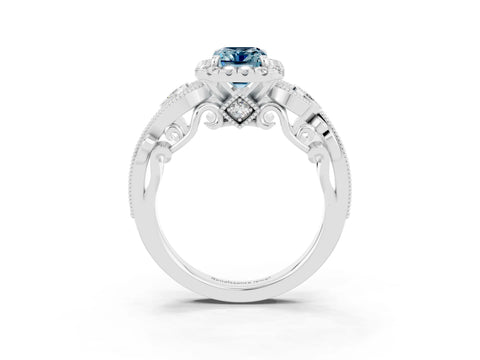White gold Emerald Cut Aquamarine Halo Ring with Milgrain Pavé Band and Four-Prong Setting_15
