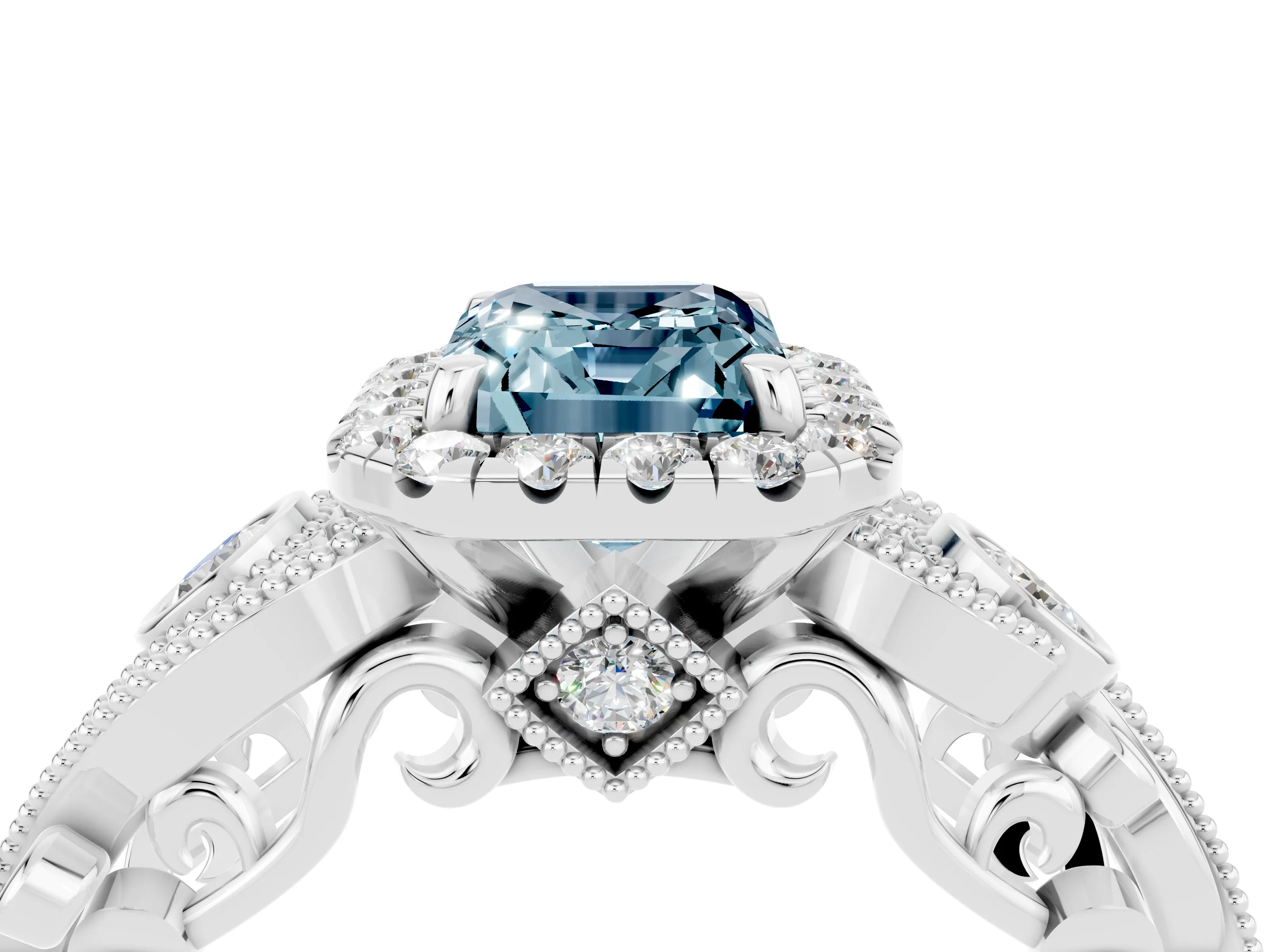 White gold Emerald Cut Aquamarine Halo Ring with Milgrain Pavé Band and Four-Prong Setting_16