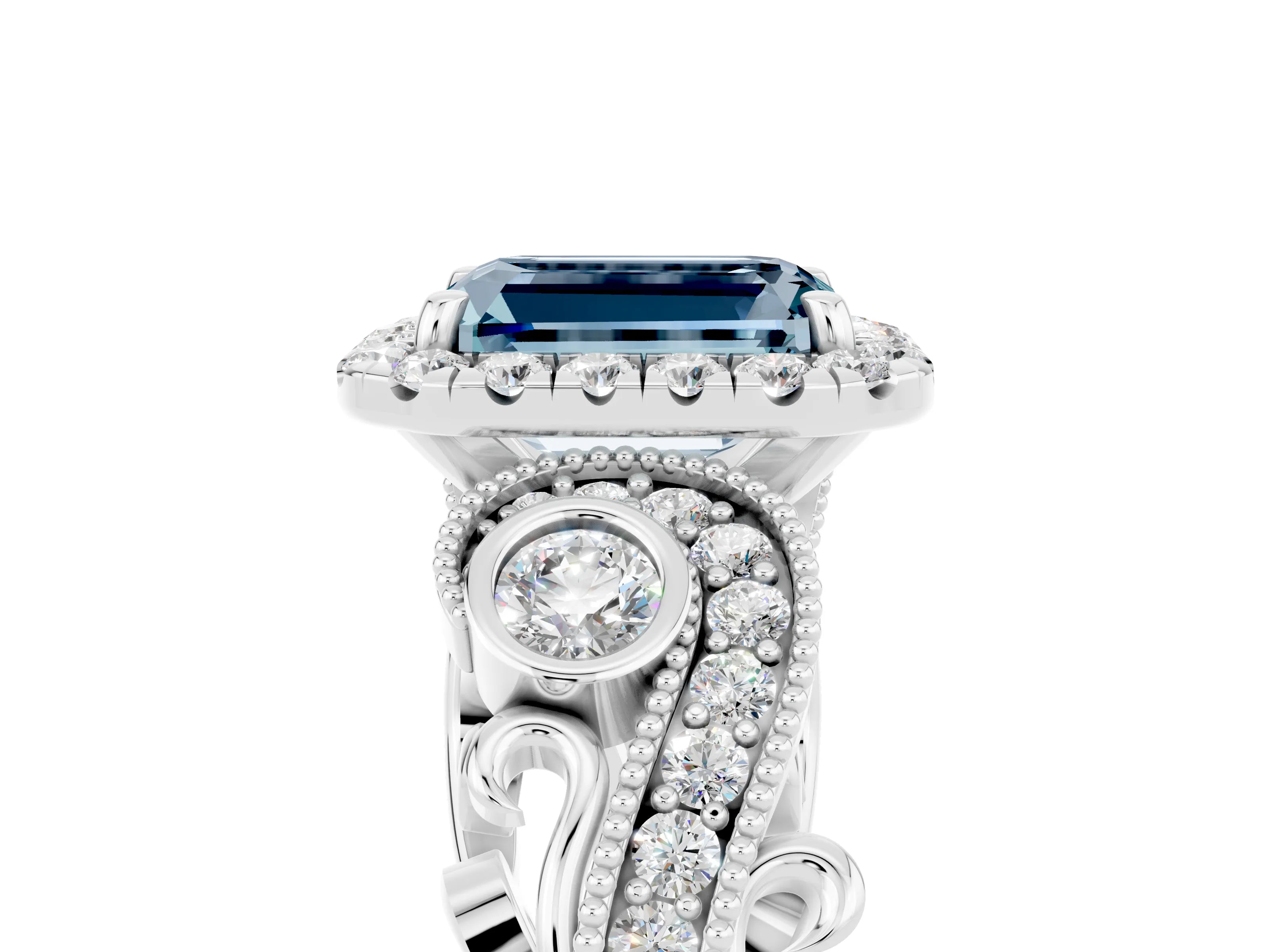 White gold Emerald Cut Aquamarine Halo Ring with Milgrain Pavé Band and Four-Prong Setting_17