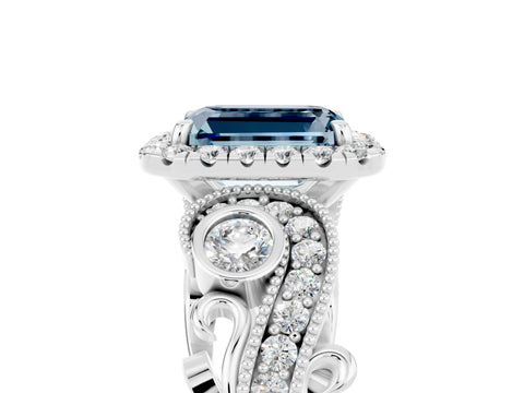 White gold Emerald Cut Aquamarine Halo Ring with Milgrain Pavé Band and Four-Prong Setting_17