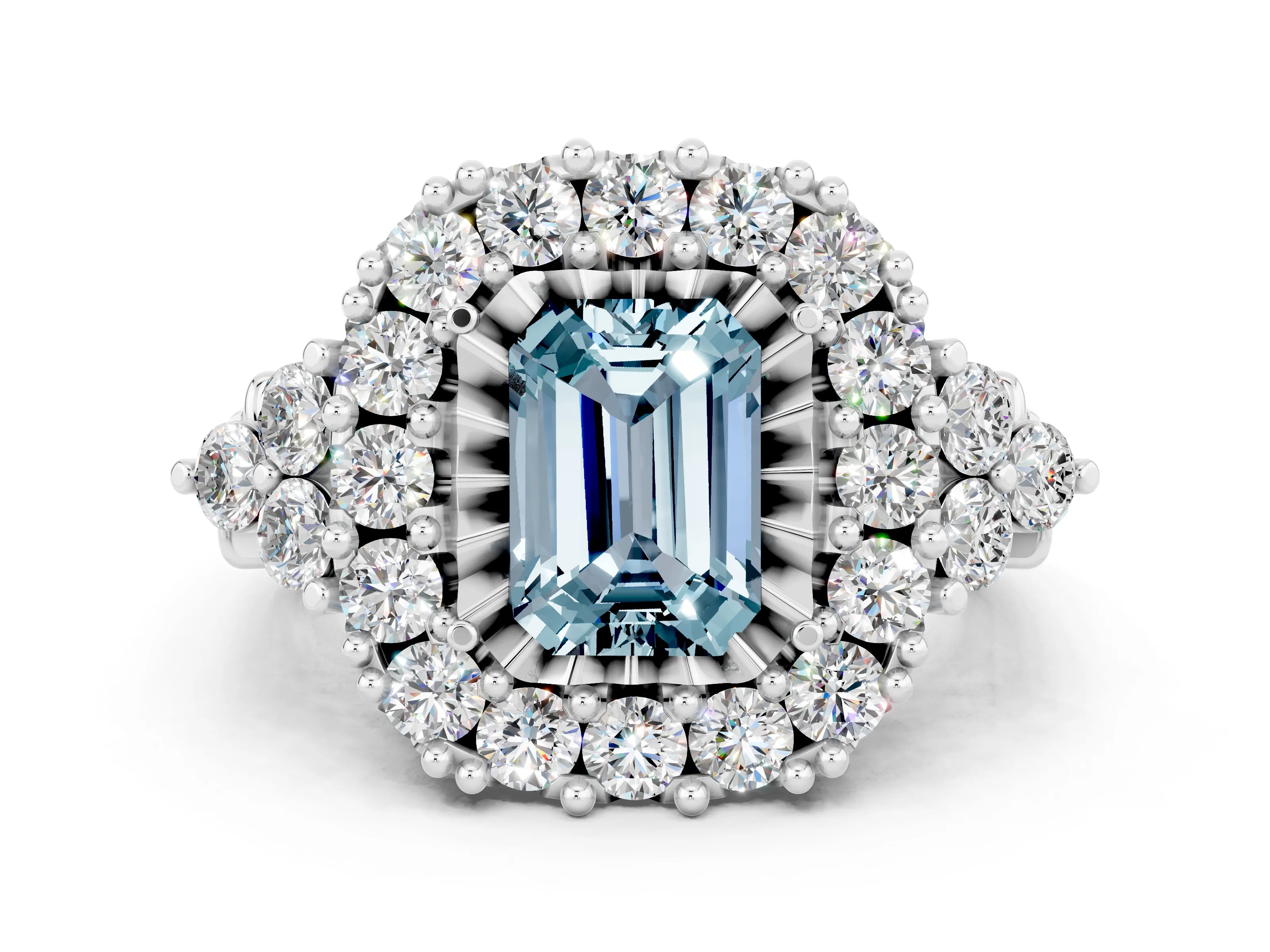White gold Emerald Cut Aquamarine Halo Ring with Pavé Band and Four-Prong Setting_12
