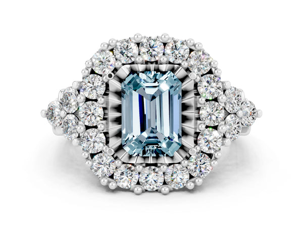 Silver Emerald Cut Aquamarine Halo Ring with Pavé Band and Four-Prong Setting