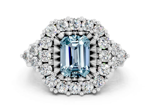 White gold Emerald Cut Aquamarine Halo Ring with Pavé Band and Four-Prong Setting_12