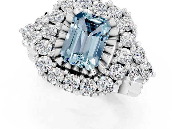 Platinum Emerald Cut Aquamarine Halo Ring with Pavé Band and Four-Prong Setting