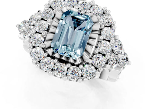 White gold Emerald Cut Aquamarine Halo Ring with Pavé Band and Four-Prong Setting_13