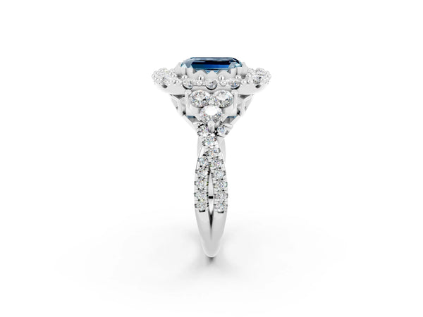Platinum Emerald Cut Aquamarine Halo Ring with Pavé Band and Four-Prong Setting