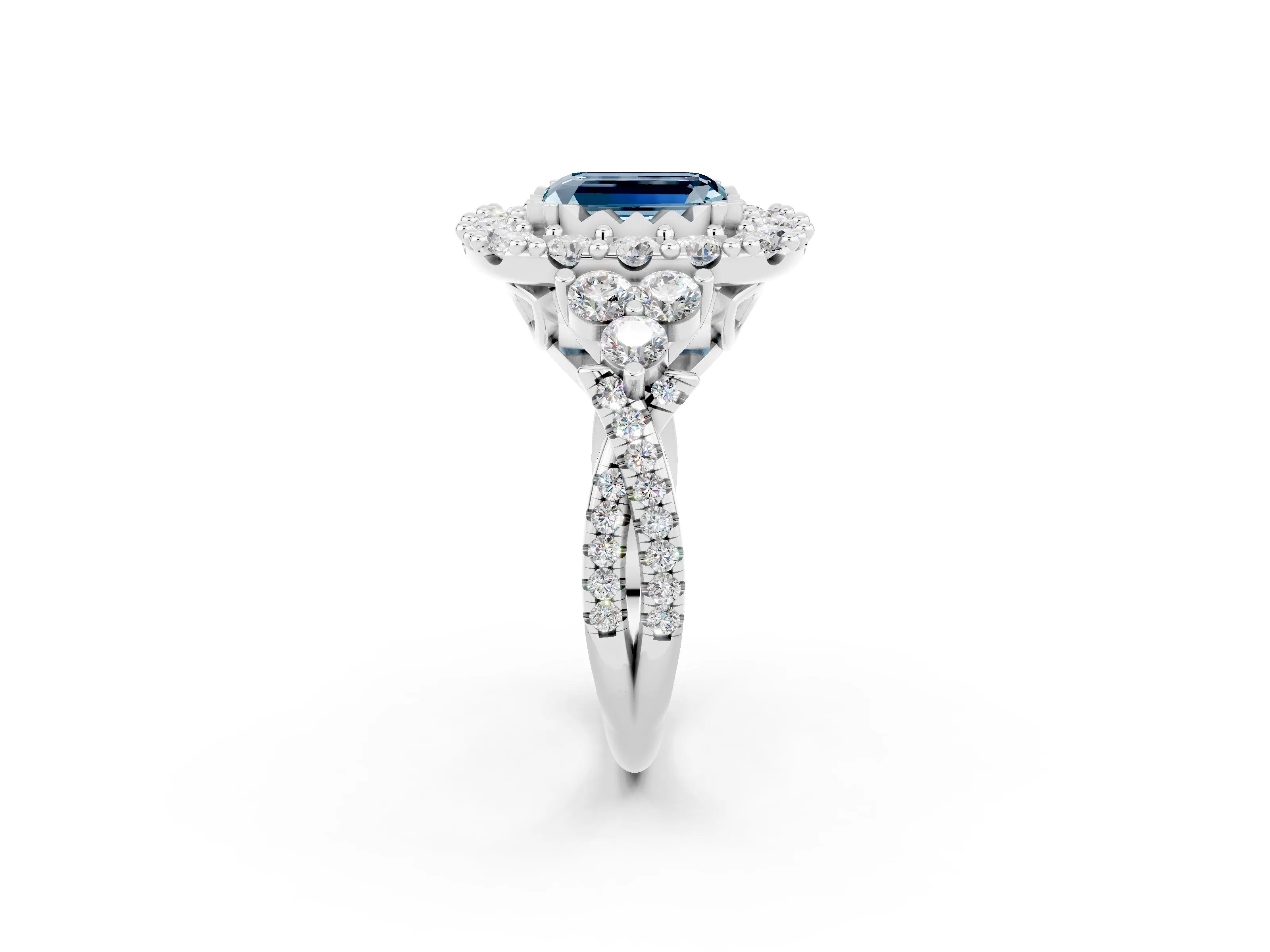 White gold Emerald Cut Aquamarine Halo Ring with Pavé Band and Four-Prong Setting_14