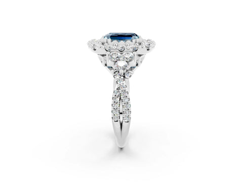 White gold Emerald Cut Aquamarine Halo Ring with Pavé Band and Four-Prong Setting_14
