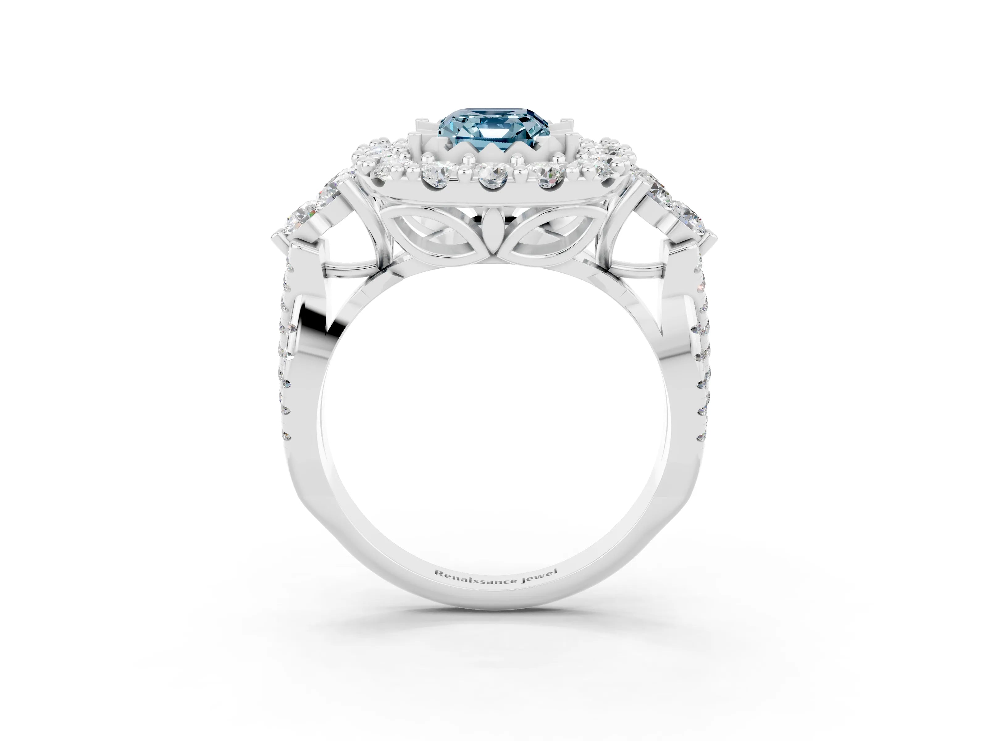 White gold Emerald Cut Aquamarine Halo Ring with Pavé Band and Four-Prong Setting_15