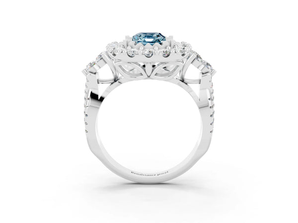 Platinum Emerald Cut Aquamarine Halo Ring with Pavé Band and Four-Prong Setting