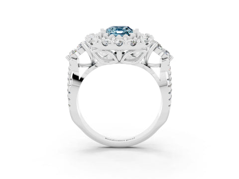 White gold Emerald Cut Aquamarine Halo Ring with Pavé Band and Four-Prong Setting_15