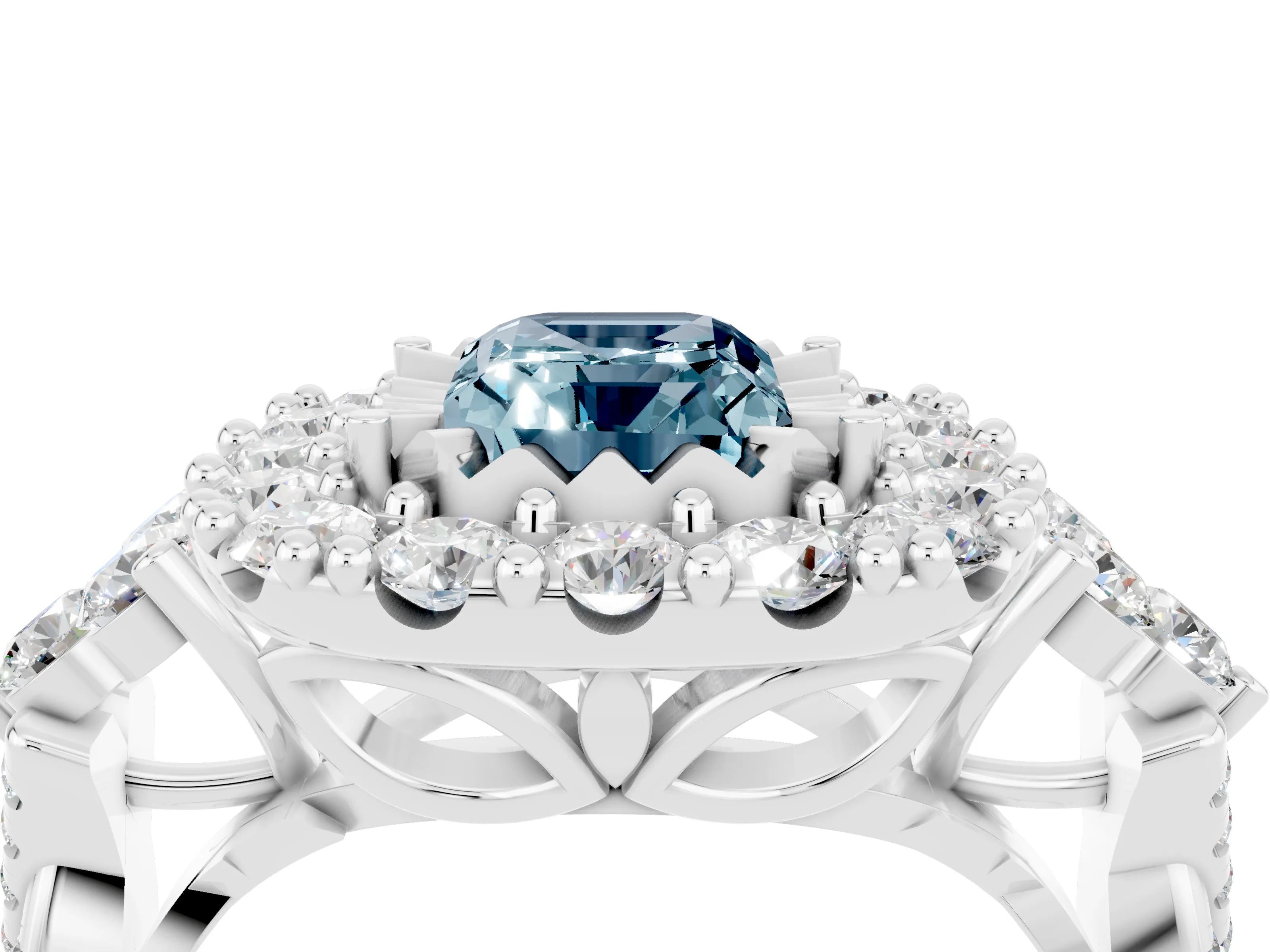 White gold Emerald Cut Aquamarine Halo Ring with Pavé Band and Four-Prong Setting_16