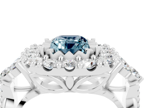 White gold Emerald Cut Aquamarine Halo Ring with Pavé Band and Four-Prong Setting_16