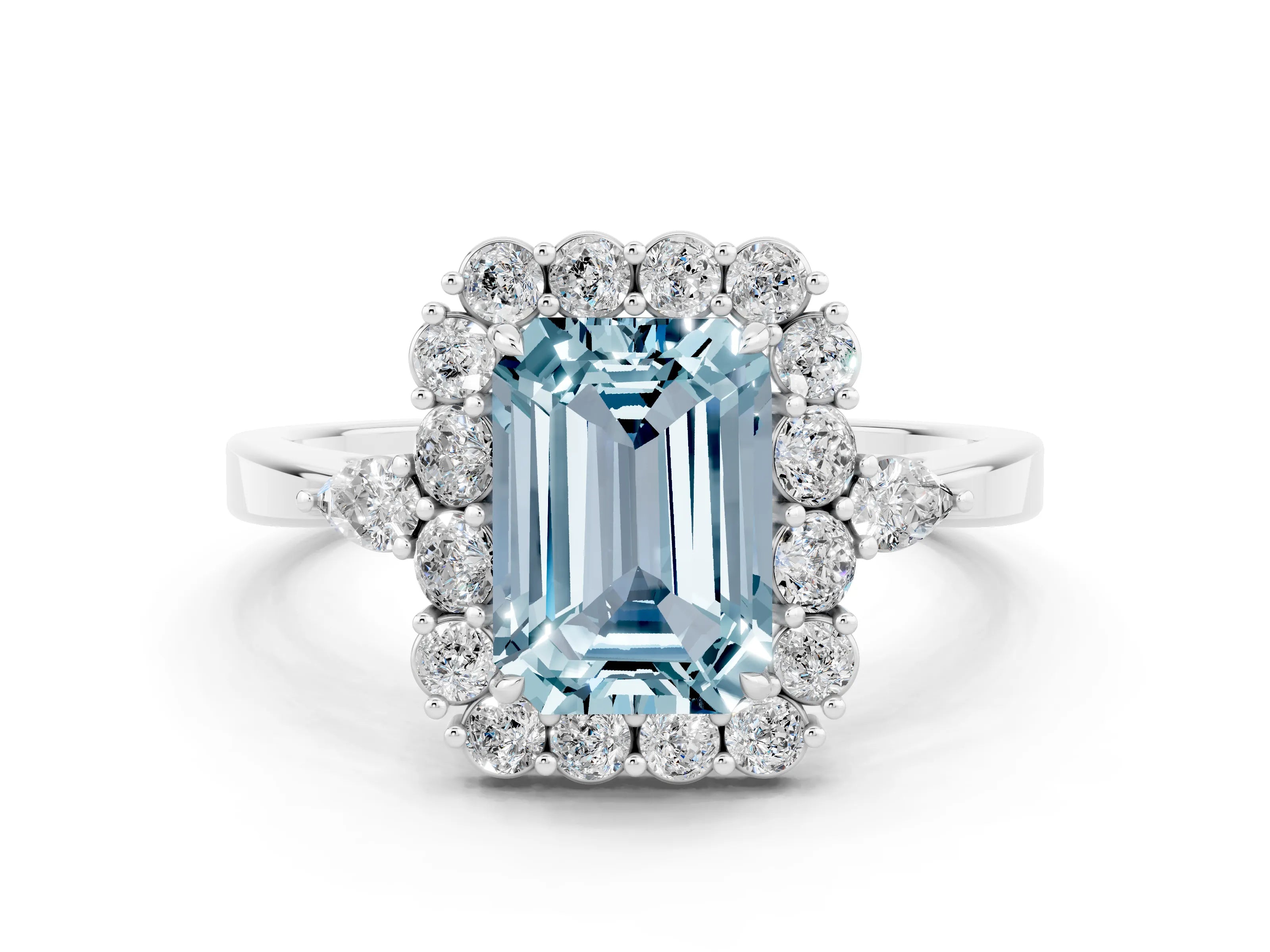 White gold Emerald Cut Aquamarine Halo Ring with Pear Side Stones and Prong Setting_24