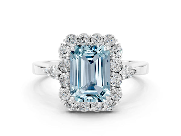 Silver Emerald Cut Aquamarine Halo Ring with Pear Side Stones and Prong Setting