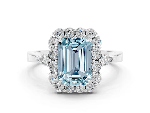White gold Emerald Cut Aquamarine Halo Ring with Pear Side Stones and Prong Setting_24