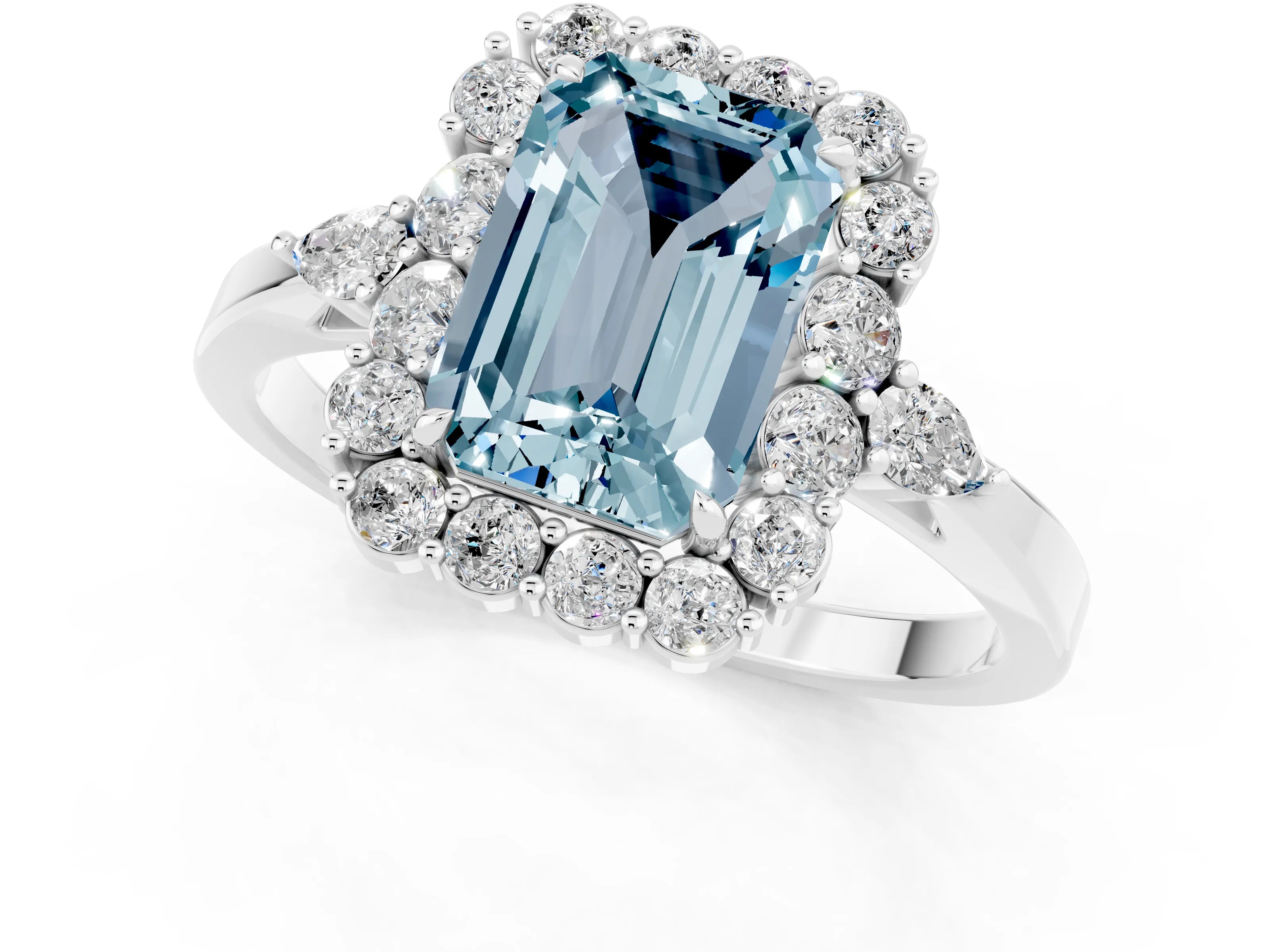White gold Emerald Cut Aquamarine Halo Ring with Pear Side Stones and Prong Setting_25