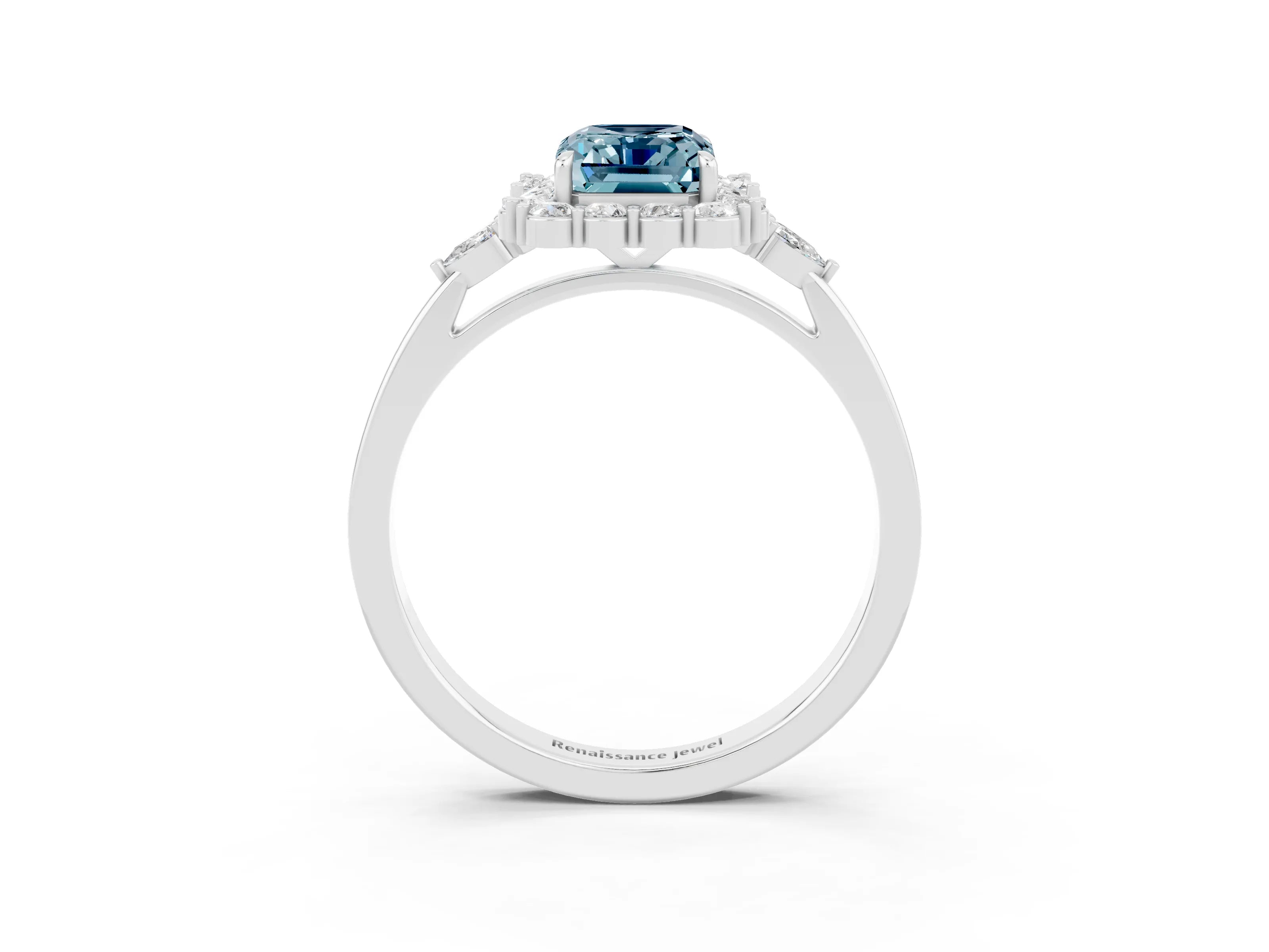 White gold Emerald Cut Aquamarine Halo Ring with Pear Side Stones and Prong Setting_27