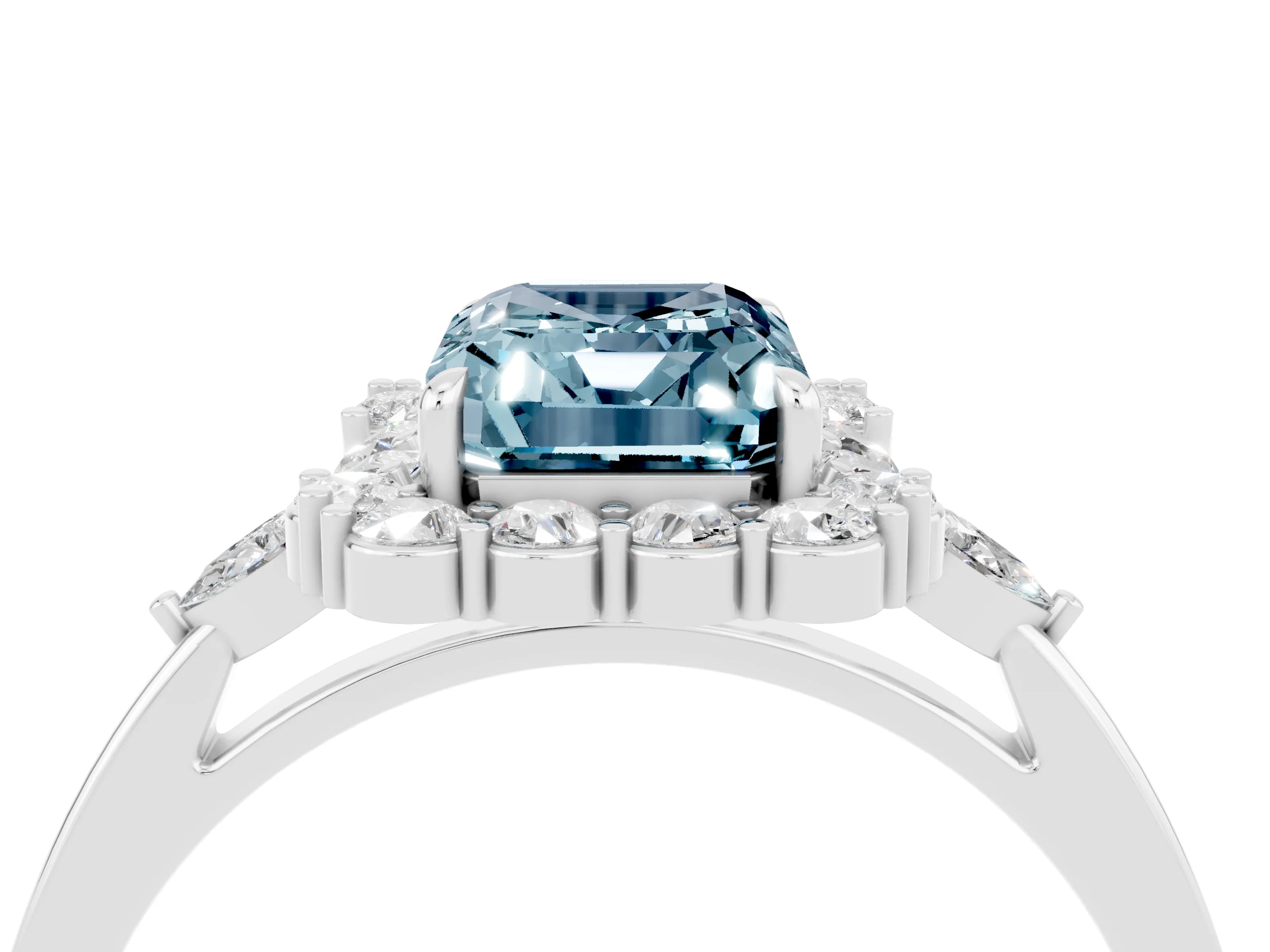 White gold Emerald Cut Aquamarine Halo Ring with Pear Side Stones and Prong Setting_28