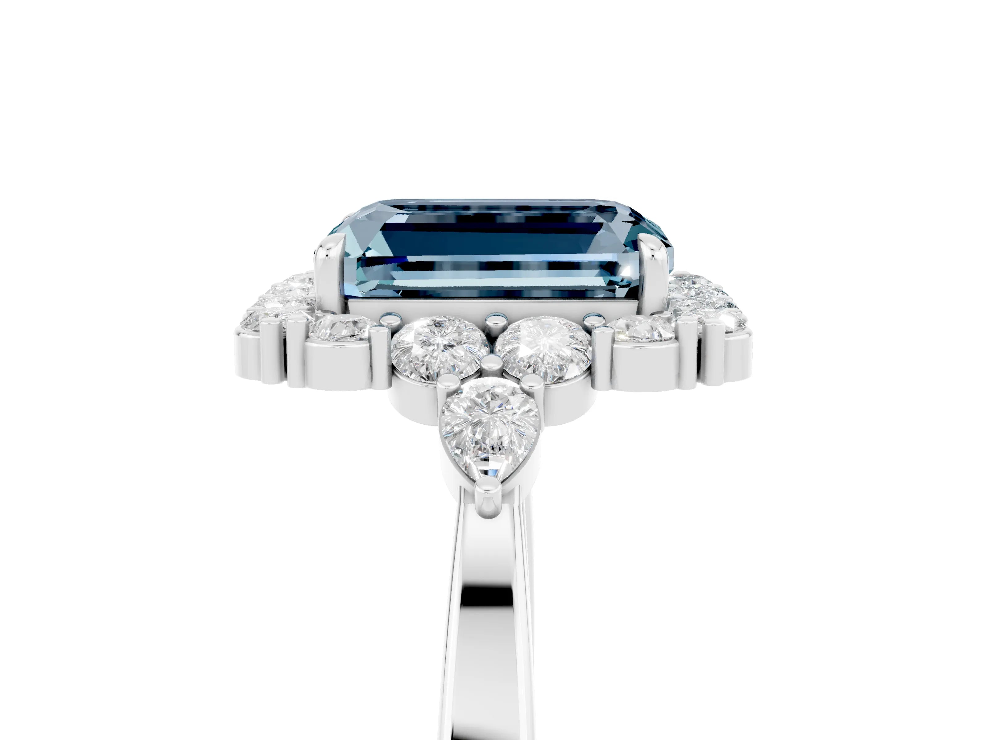 White gold Emerald Cut Aquamarine Halo Ring with Pear Side Stones and Prong Setting_29