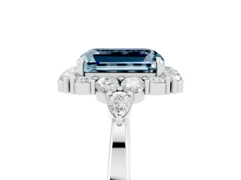 White gold Emerald Cut Aquamarine Halo Ring with Pear Side Stones and Prong Setting_29