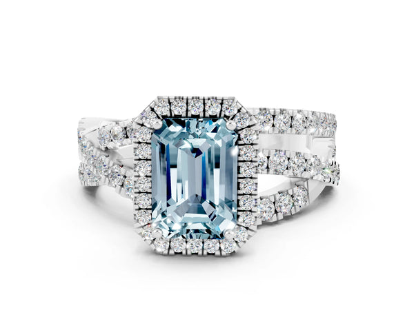 Platinum Emerald Cut Aquamarine Halo Ring with Round Split Shank and Prong Setting