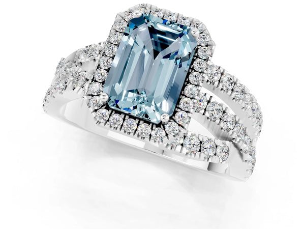 Platinum Emerald Cut Aquamarine Halo Ring with Round Split Shank and Prong Setting
