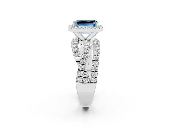 Platinum Emerald Cut Aquamarine Halo Ring with Round Split Shank and Prong Setting