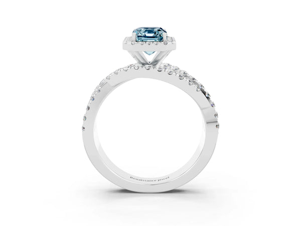 White gold Emerald Cut Aquamarine Halo Ring with Round Split Shank and Prong Setting