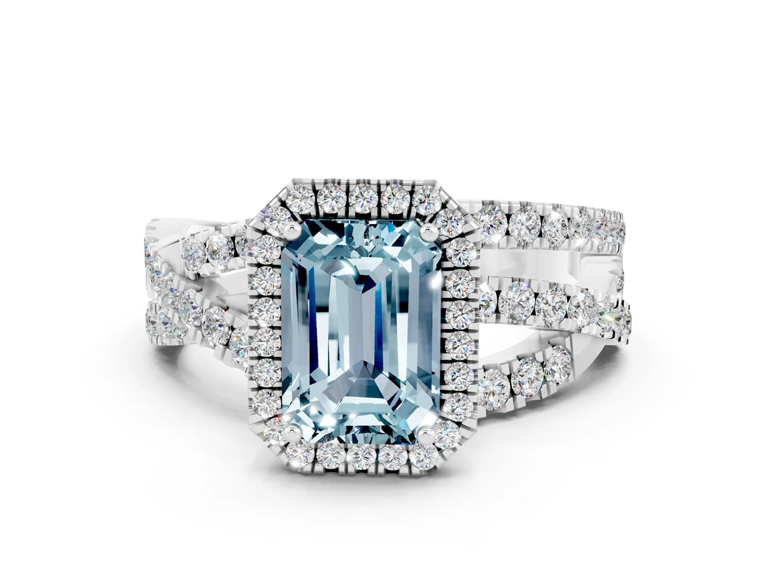 White gold Emerald Cut Aquamarine Halo Ring with Round Split Shank and Prong Setting_60