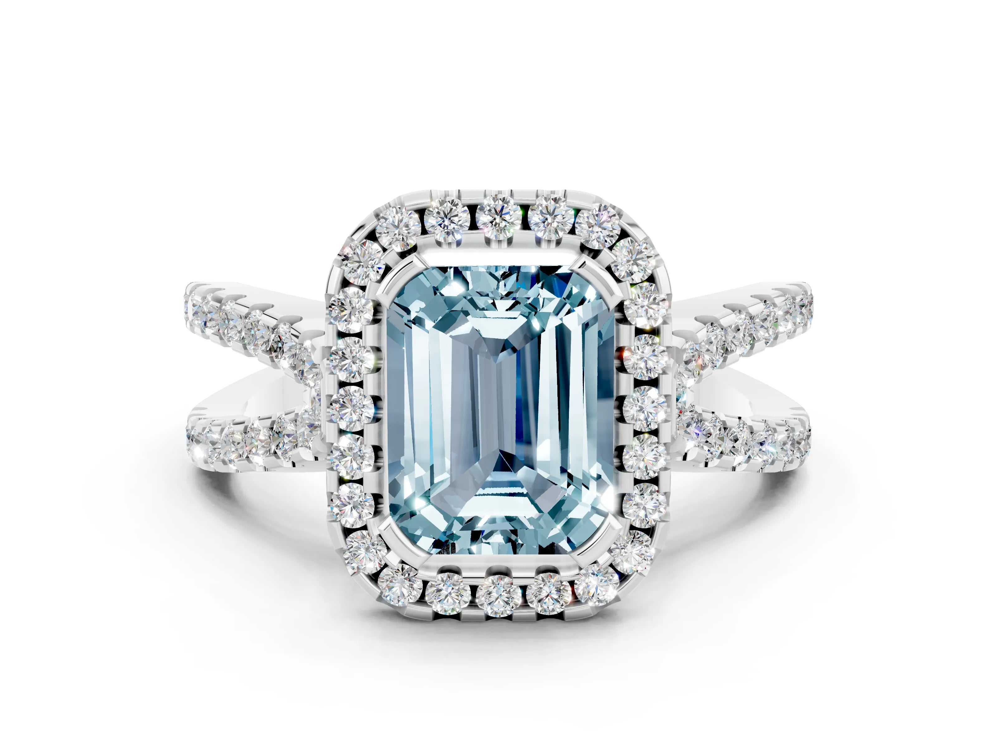 White gold Emerald Cut Aquamarine Halo Ring with Split Shank Pavé Band and Prong Setting