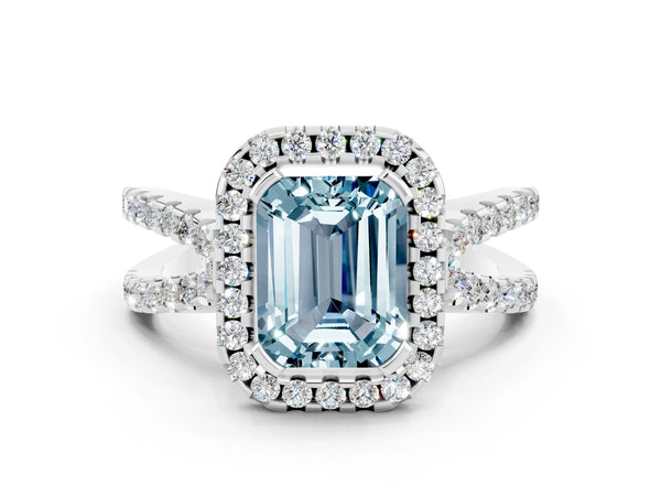 Platinum Emerald Cut Aquamarine Halo Ring with Split Shank Pavé Band and Prong Setting
