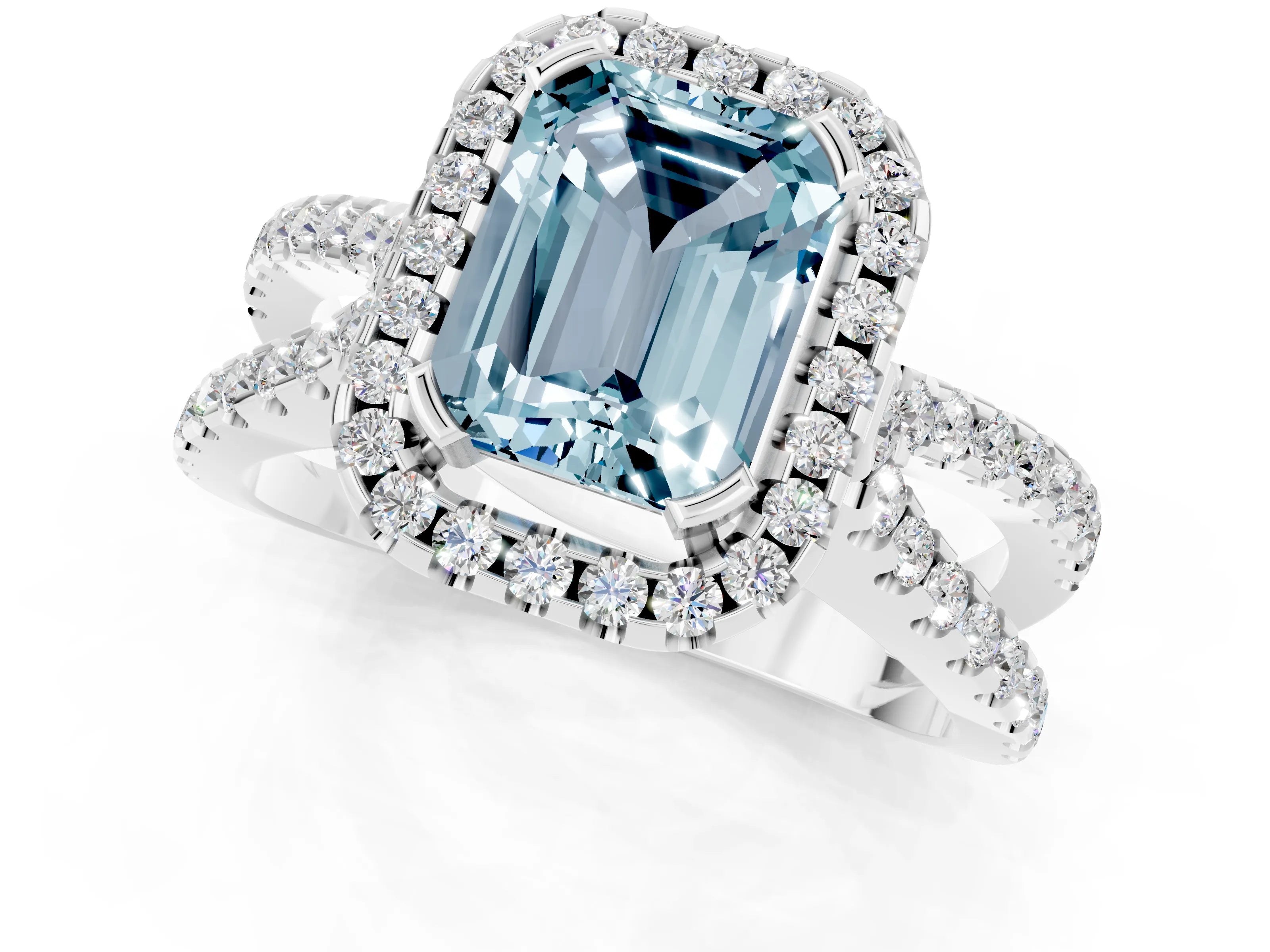 White gold Emerald Cut Aquamarine Halo Ring with Split Shank Pavé Band and Prong Setting_1