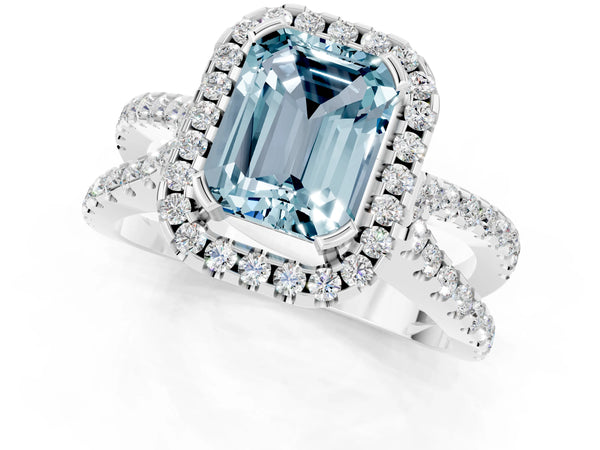 Platinum Emerald Cut Aquamarine Halo Ring with Split Shank Pavé Band and Prong Setting