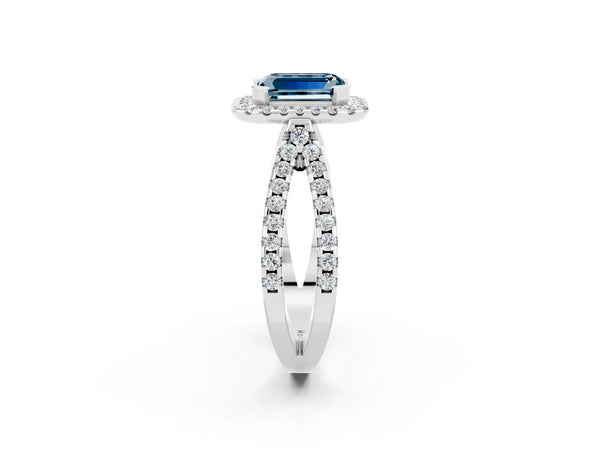 Silver Emerald Cut Aquamarine Halo Ring with Split Shank Pavé Band and Prong Setting