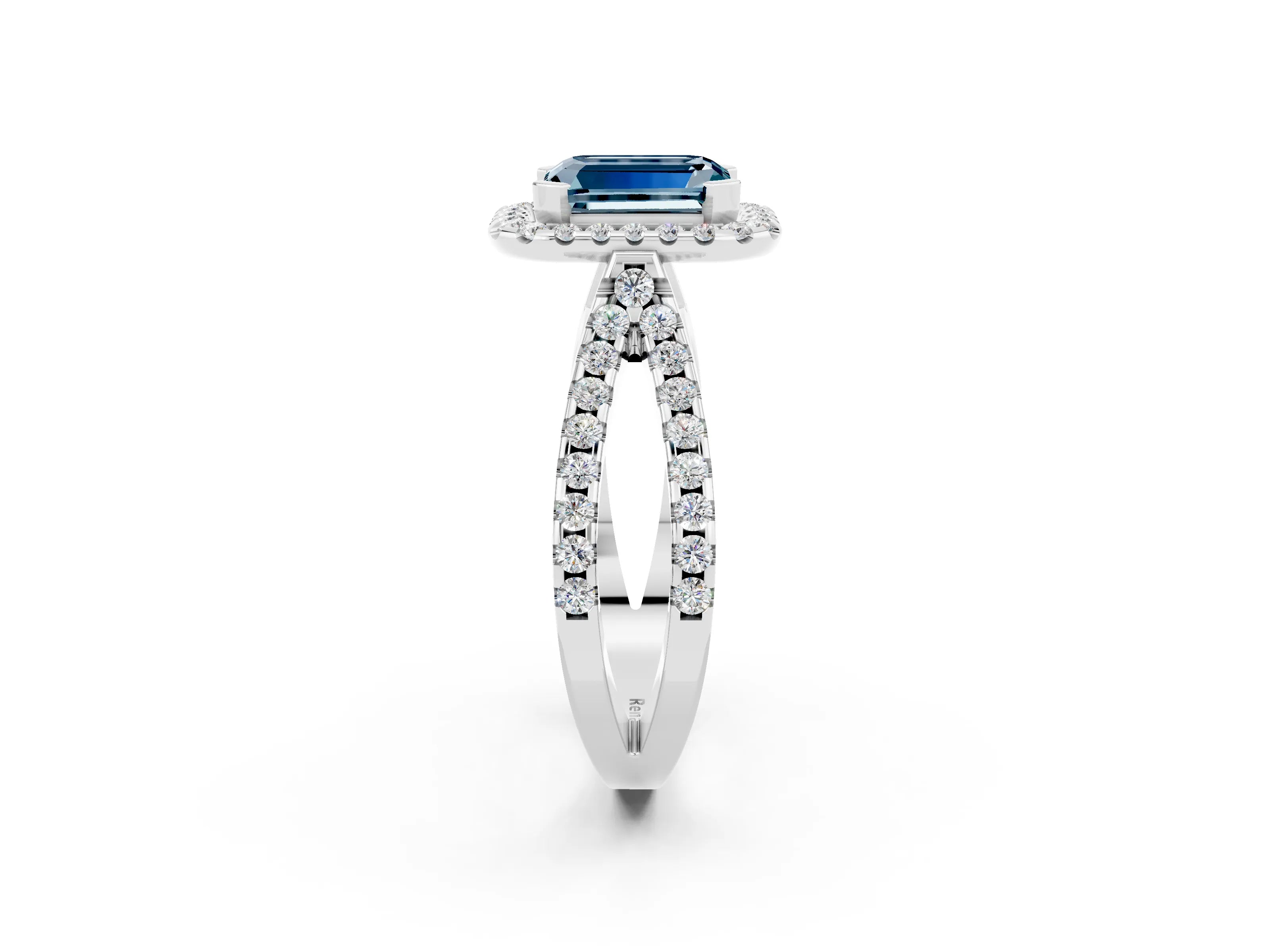 White gold Emerald Cut Aquamarine Halo Ring with Split Shank Pavé Band and Prong Setting_2