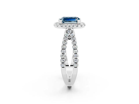 White gold Emerald Cut Aquamarine Halo Ring with Split Shank Pavé Band and Prong Setting_2